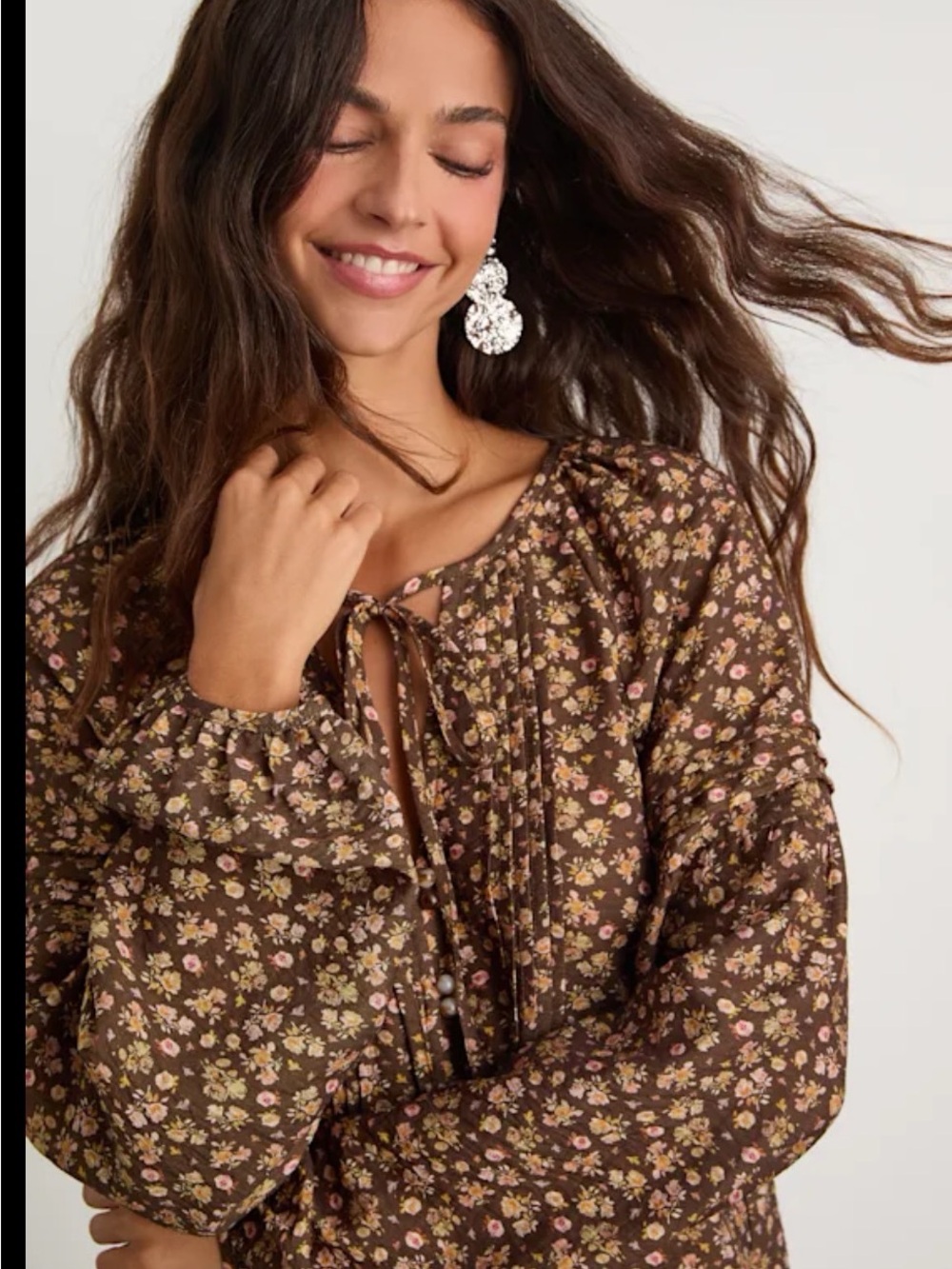 Lulus Brown Floral Tie-Neck Peasant Blouse